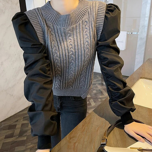 Load image into Gallery viewer, Patchwork Hit Color Knitting Sweaters For Women Round Neck Puff Sleeve Pullover Temperament Sweater Female Fashion
