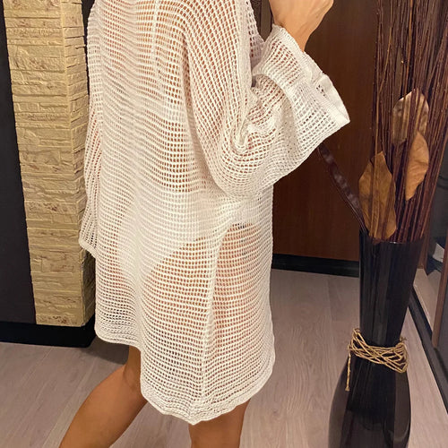 Load image into Gallery viewer, New Sexy Long Sleeve Hollow Out Crochet Knitted Tunic Beach Cover Up Cover-ups Beach Dress Beach Wear Beachwear Female V4053
