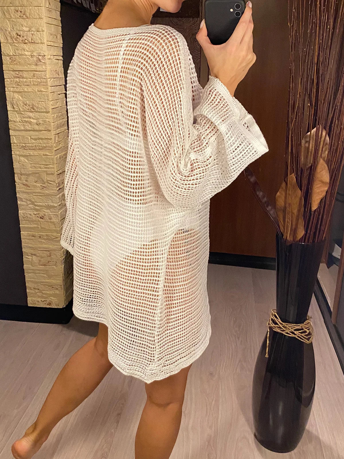 New Sexy Long Sleeve Hollow Out Crochet Knitted Tunic Beach Cover Up Cover-ups Beach Dress Beach Wear Beachwear Female V4053