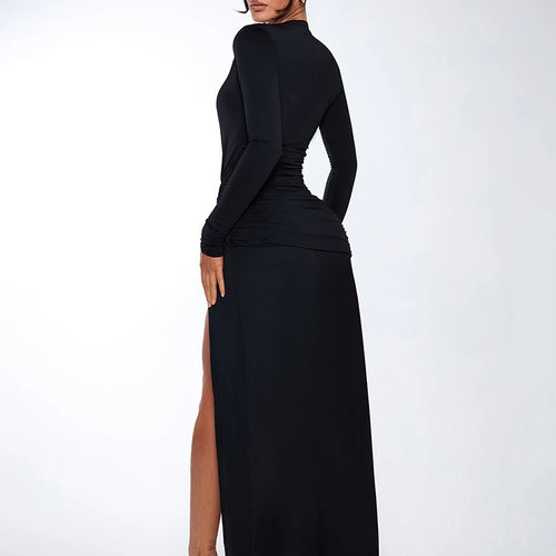 Load image into Gallery viewer, Deep V Neck Long Sleeve Sexy Maxi Dress For Women Autumn Winter New Black Thigh High Split Sexy Club Party Long Dress
