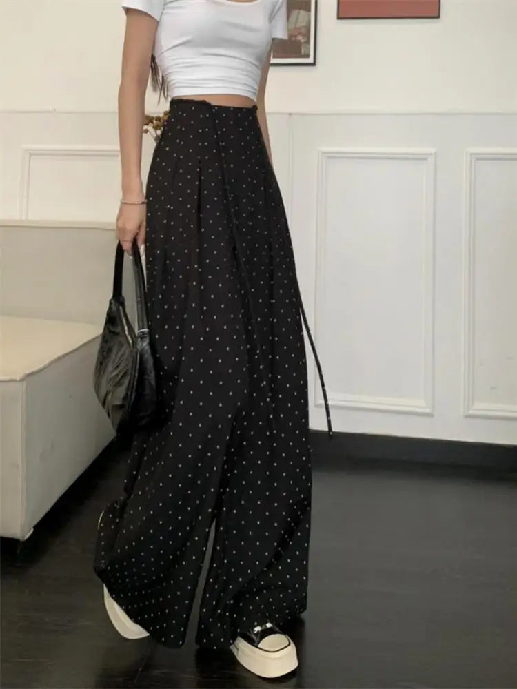 Spring Summer Retro Black Polka Dot Festival Wide Leg Long Pant Women High Waist Loose Holiday Straight Lace Up Trousers Casual