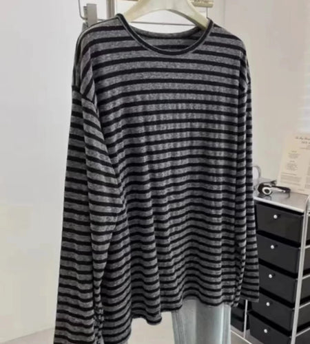 Korean Fashion 2024 Autumn Winter New Gray Striped Round Neck Short T Shirt Women Long Sleeve Holiday Pullover Tops Casual Trend