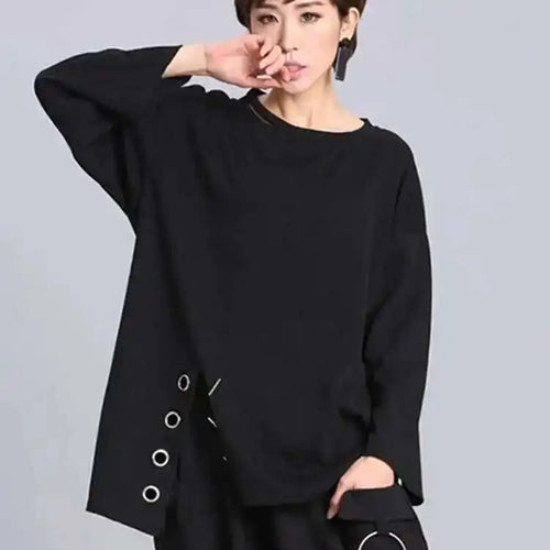 Load image into Gallery viewer, Spring Summer  Black Full Sleeve O Collar Split Pullover Personality Women Fashion Tide Loose Casual T-shirt OA881
