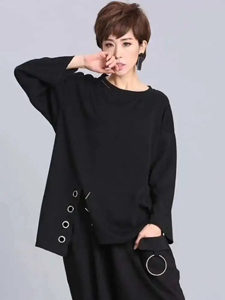 Spring Summer  Black Full Sleeve O Collar Split Pullover Personality Women Fashion Tide Loose Casual T-shirt OA881