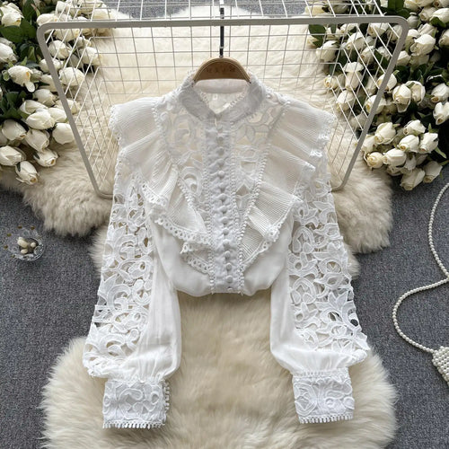 Load image into Gallery viewer, Women's Vintage Sweet Solid Long Sleeved Ruffle Edge Lace Shirt Y2k Korean Fashion Tide Autumn Winter 2023 Hollowed Out Tops New
