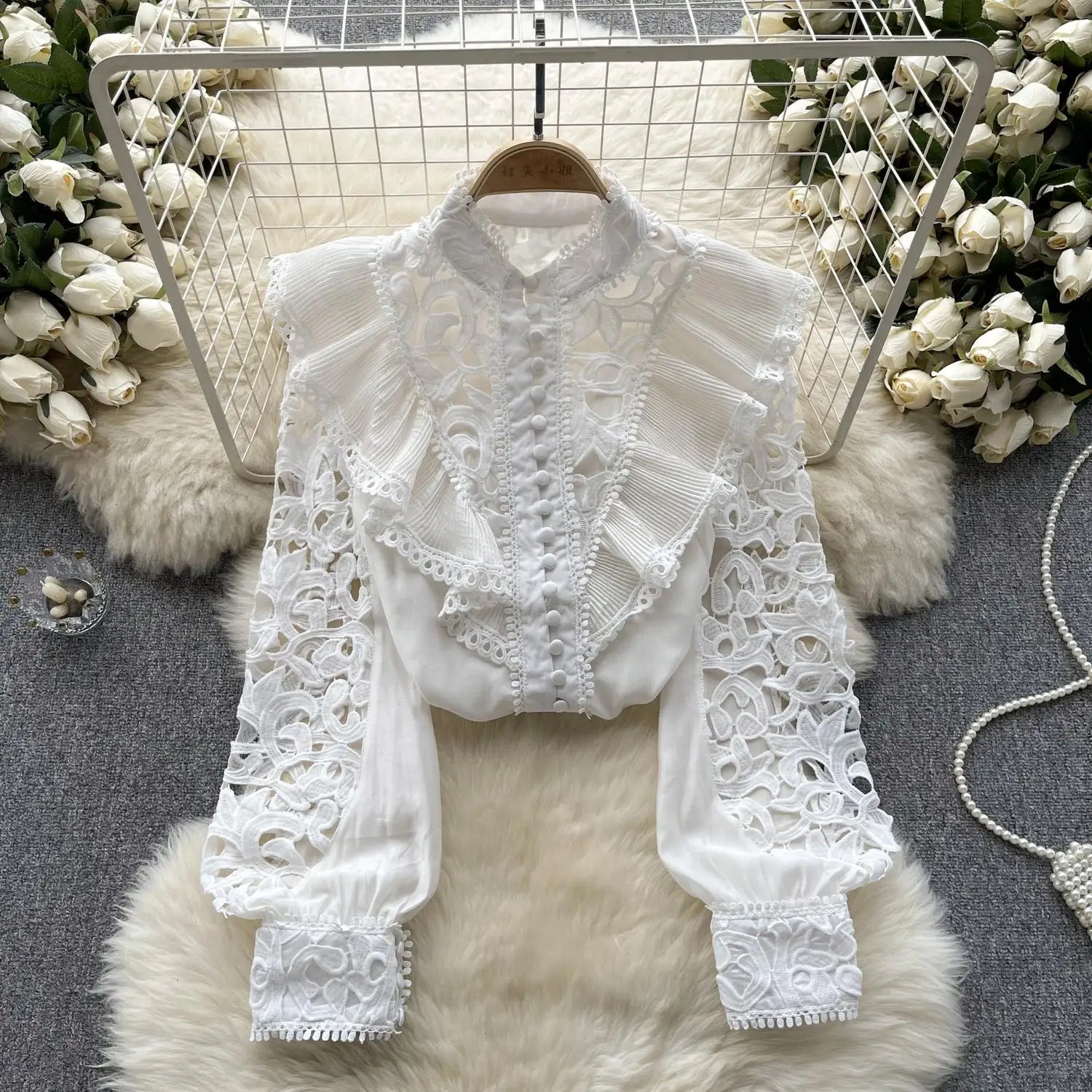 Women's Vintage Sweet Solid Long Sleeved Ruffle Edge Lace Shirt Y2k Korean Fashion Tide Autumn Winter 2023 Hollowed Out Tops New