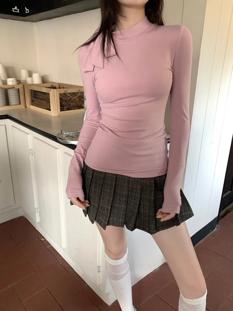 Women Vintage Y2k Aesthetic T-shirts Streetwear Bow Bottoming Grunge Fairy Tshirts 2025 Spring Half Harajuku Solid Simple Tees