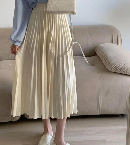Spring Summer Black Beige High Waist Pleated Long Skirts Korean Fashion Women Blue Yellow Versatile A-line Half Skirt Streetwear
