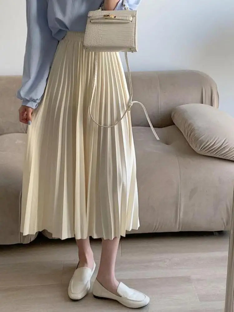 Spring Summer Black Beige High Waist Pleated Long Skirts Korean Fashion Women Blue Yellow Versatile A-line Half Skirt Streetwear