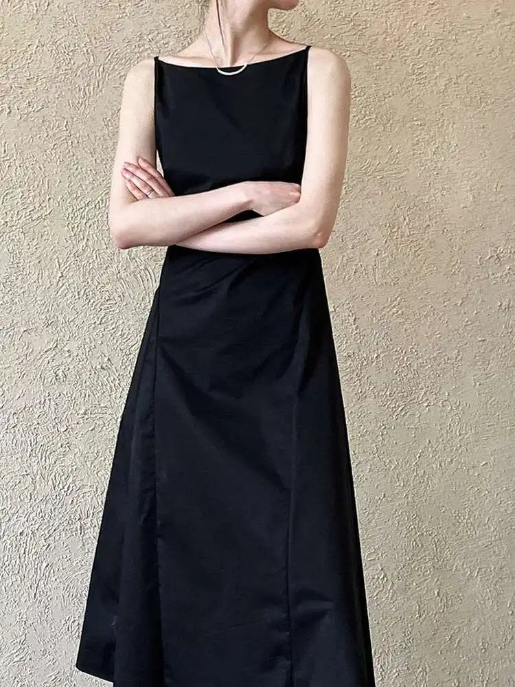 Women Black Pleated Elegant Pleated Long A-line Dress New Round Neck Sleeveless Fashion Tide Spring Summer 2025 1DH6117