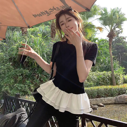 Load image into Gallery viewer, Cotton Shirts for Women Sweet White T Shirts 2024 Ropa Mujer Patchwork Ruffles Short Sleeve O-neck Summer Tees Casual Tshirt
