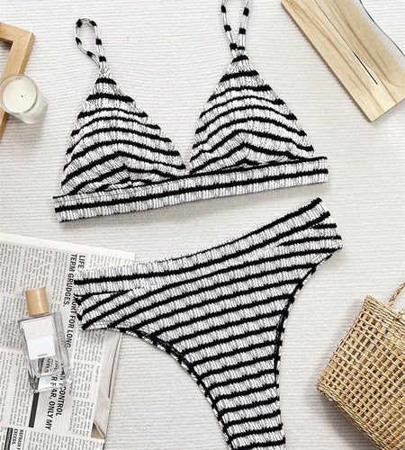 Black White Striped Swimwear High Cut Bikini Sets 2024 Sexy Women Swimsuit High Waist Biquini Bathing Suit