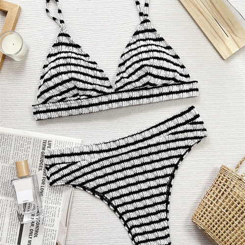 Load image into Gallery viewer, Black White Striped Swimwear High Cut Bikini Sets 2024 Sexy Women Swimsuit High Waist Biquini Bathing Suit
