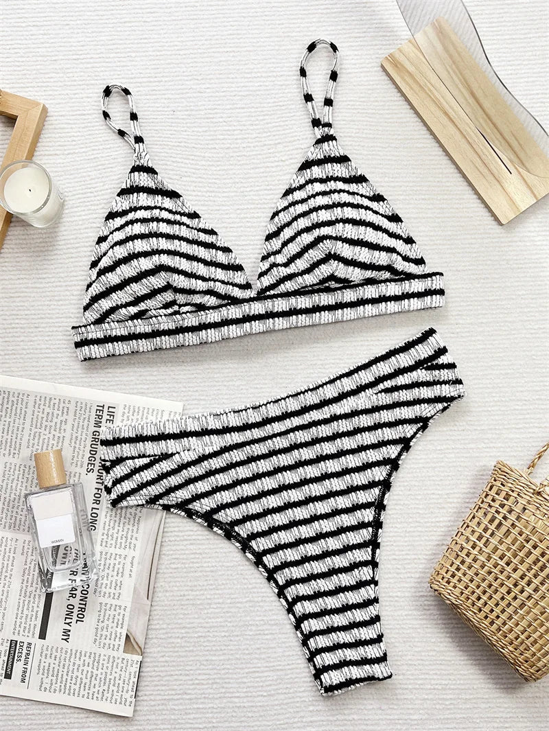 Black White Striped Swimwear High Cut Bikini Sets 2024 Sexy Women Swimsuit High Waist Biquini Bathing Suit