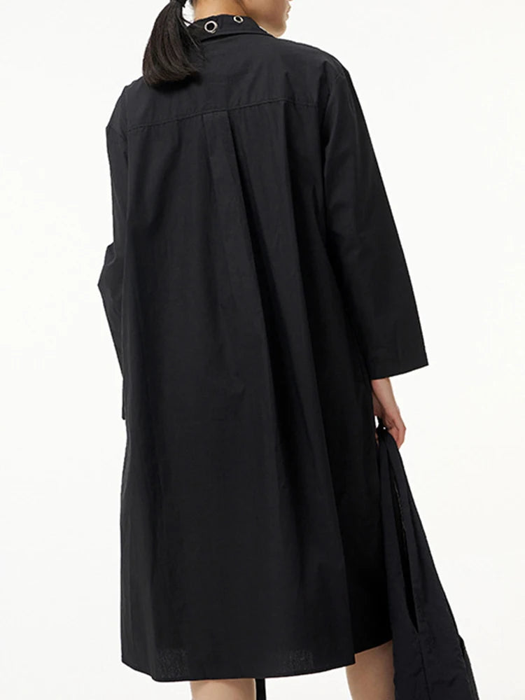 Women Black Metal Circle Irregular Hem Big Size Shirt Dress New Lapel Long Sleeve Fashion Tide Spring Autumn 2025 1DJ0883