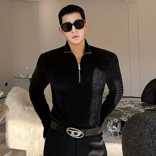 Load image into Gallery viewer, Korean Style Men&#39;s T-shirt Tight Shoulder Pad Zipper Turtleneck Pullover Casual Male Fleece Top Autumn Stylish 9C3855
