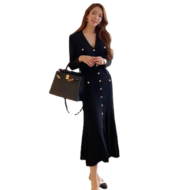 French Fashion Women Black Single Breasted Elegant V Neck Festival Knit Dress Autumn Long Sleeve Slim Fishtail Dress Ladies Chic