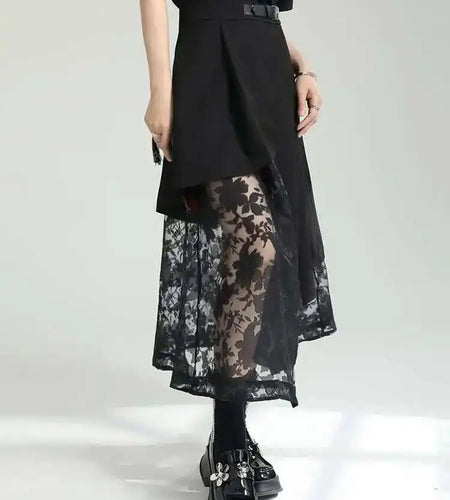 High Elastic Waist Black Spliced Mesh Irregular Casual Half-body Skirt Women Fashion Tide New Spring Autumn 2025 1DF6873
