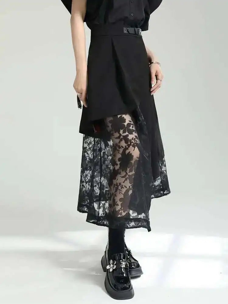 High Elastic Waist Black Spliced Mesh Irregular Casual Half-body Skirt Women Fashion Tide New Spring Autumn 2025 1DF6873
