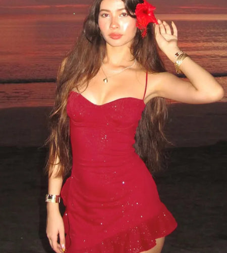 Spaghetti Strap Ruffled Sexy Mini Dress For Women Red Fashion Sleeveless Backless High Waist A-line Club Party Dress