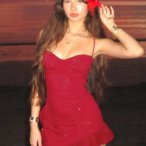 Load image into Gallery viewer, Spaghetti Strap Ruffled Sexy Mini Dress For Women Red Fashion Sleeveless Backless High Waist A-line Club Party Dress
