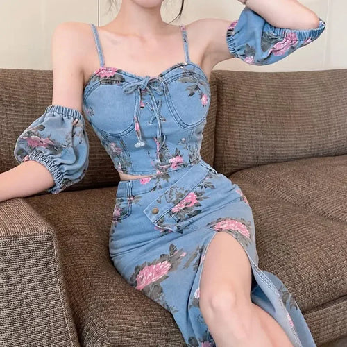 Load image into Gallery viewer, Korean Summer Denim Three-piece Women&#39;s New Slimpuff sleeve  + Small Sling + High Waist Half-length Bag Hip Skirt Suit
