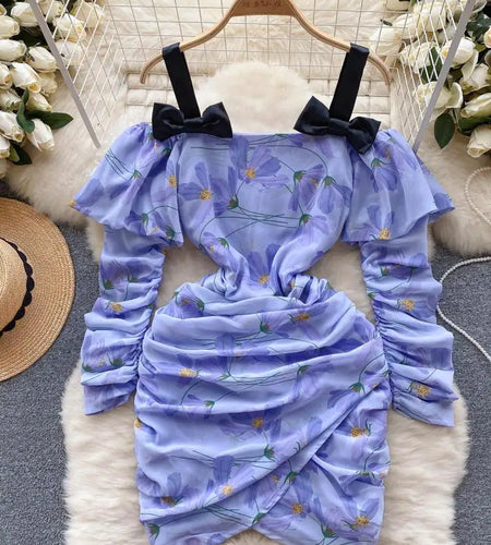 French Sexy Club Off Shoulder Bow Slip Mini Dresses For Women Purple Floral  Patchwork Asymmetry Pleated Dress Korea 2023 Autumn