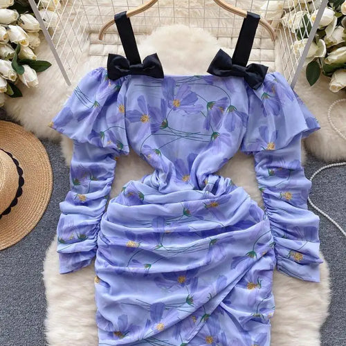 Load image into Gallery viewer, French Sexy Club Off Shoulder Bow Slip Mini Dresses For Women Purple Floral  Patchwork Asymmetry Pleated Dress Korea 2023 Autumn
