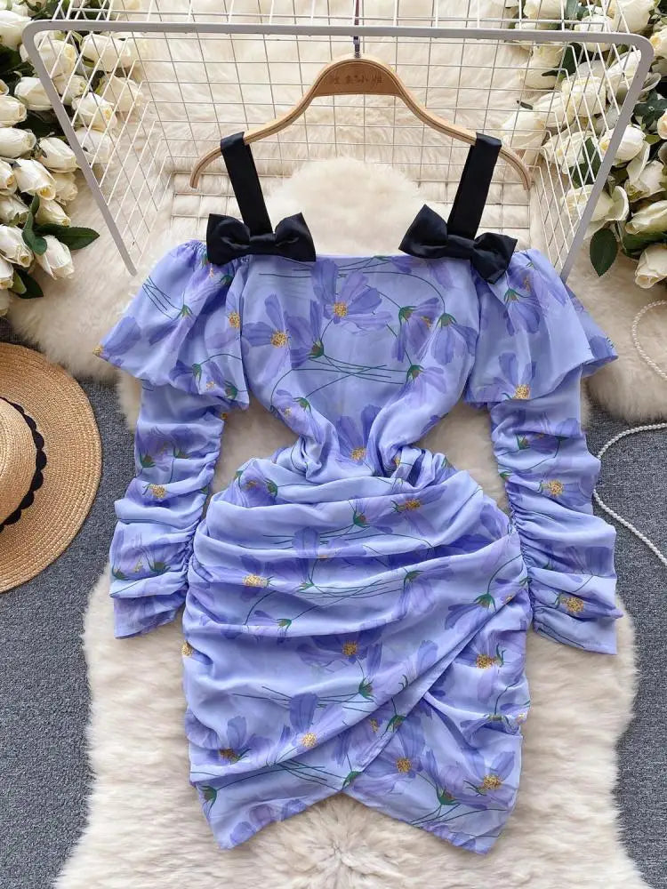 French Sexy Club Off Shoulder Bow Slip Mini Dresses For Women Purple Floral  Patchwork Asymmetry Pleated Dress Korea 2023 Autumn