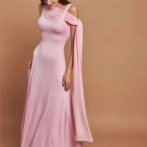 Load image into Gallery viewer, Pink Cape Sleeve Sexy Maxi Dress For Women Off-shoulder Backless Gown Elegant Skew Collar Lace-up Long Dress Vestido
