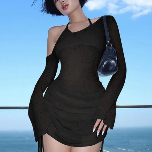 Load image into Gallery viewer, Diagonal Collar Long Sleeve Shirring Lace Up Sexy See through Mini Dress Spring Women Fashion Clothes Beach Vacation
