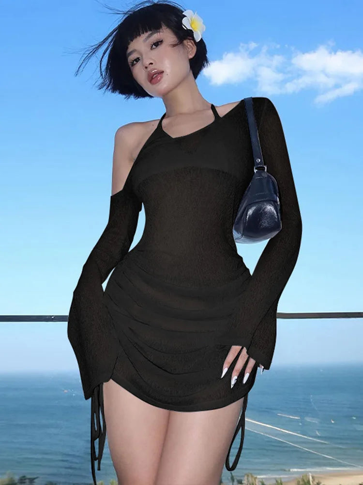 Diagonal Collar Long Sleeve Shirring Lace Up Sexy See through Mini Dress Spring Women Fashion Clothes Beach Vacation