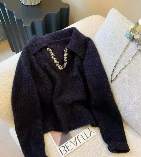 Autumn Winter Black Sequin Long Sleeves Knitted Sweater French Fashion Women's Elegant Lapel Versatile Short Pullover Tops Trend