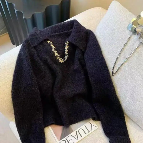 Load image into Gallery viewer, Autumn Winter Black Sequin Long Sleeves Knitted Sweater French Fashion Women's Elegant Lapel Versatile Short Pullover Tops Trend
