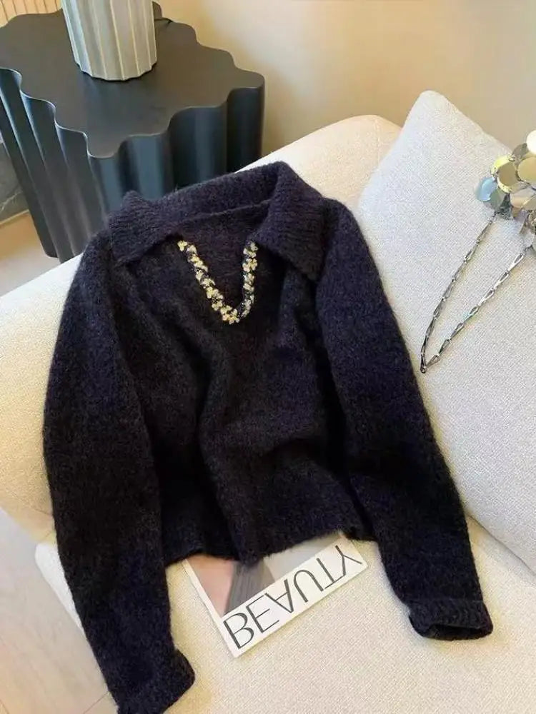 Autumn Winter Black Sequin Long Sleeves Knitted Sweater French Fashion Women's Elegant Lapel Versatile Short Pullover Tops Trend