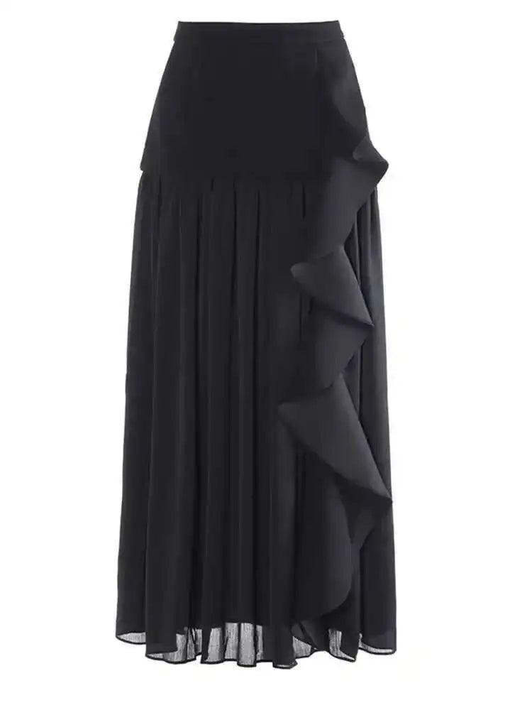 High Waist Black Ruffles Chiffon Spliced A-line Elegant Half-body Skirt Women Fashion Tide New Spring Autumn 2025 1DJ0111