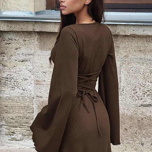 Load image into Gallery viewer, Autumn/Winter New Women Sweater Square Neck Flare Sleeve Lace up Waist Slim Dress Bodycon Party Club Street Clothing
