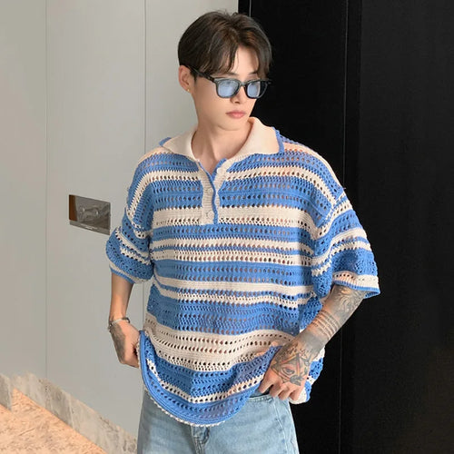 Load image into Gallery viewer, Loose Korean Style Men&#39;s Short Sleeve T-shirt Knittting Contrast Color Male Lapel Casual Men Wear Stripe Top Summer
