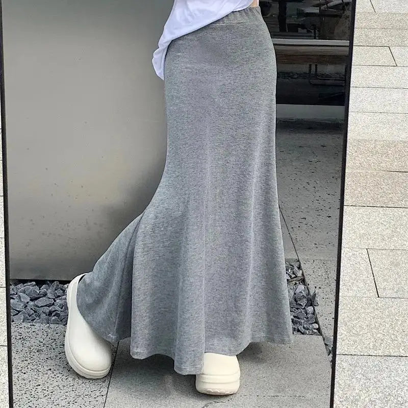 Spring Summer Korean Fashion Black Slim Vacation Long Skirt Women Grey High Waist Elegant Pleated Fishtail Skirt Simplicity Chic
