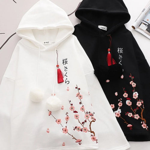 Load image into Gallery viewer, Women Hoodies Floral Embroidery Harajuku Hooded Sweatshirts Spring Flare Sleeve Vintage Korean Female Basic Daily Tops
