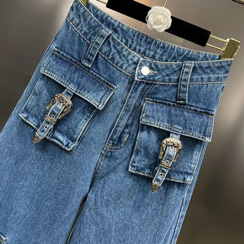 Load image into Gallery viewer, Patchwork Pocket Jeans For Women High Waist Spliced Zipper Casual Loose Wide Leg Pants Female Fashion Clothing
