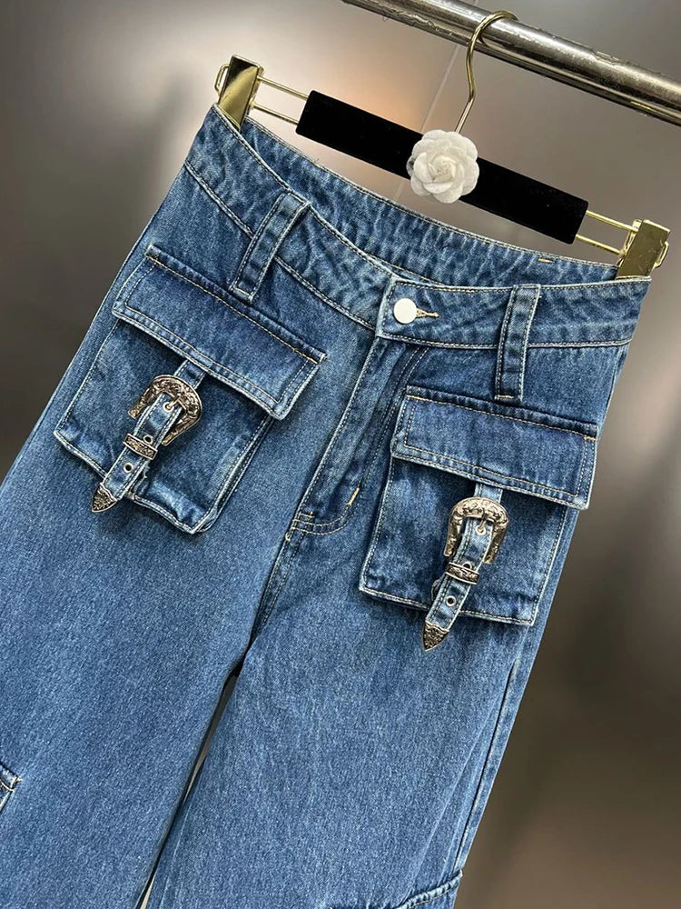 Patchwork Pocket Jeans For Women High Waist Spliced Zipper Casual Loose Wide Leg Pants Female Fashion Clothing