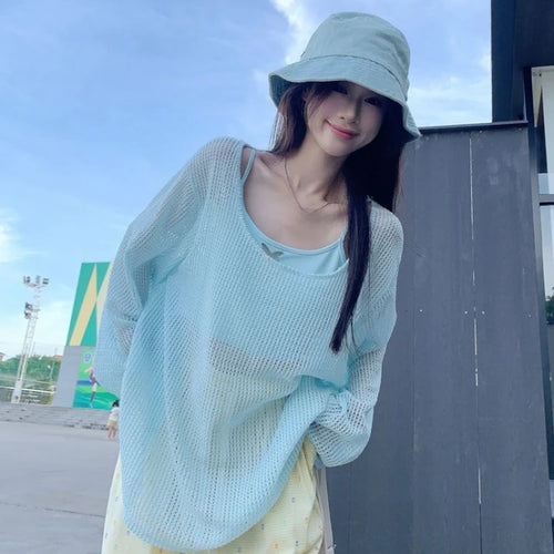 Load image into Gallery viewer, Summer Two Pieces Set  Y2k Aesthetic Casual Oversized Knitted Hollow Out T-shirt + Women Streetwear Butterfly Grunge Camisole
