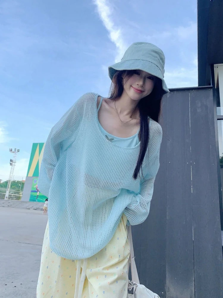 Summer Two Pieces Set  Y2k Aesthetic Casual Oversized Knitted Hollow Out T-shirt + Women Streetwear Butterfly Grunge Camisole