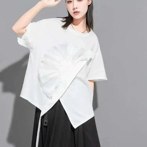 Load image into Gallery viewer, Women White Flower Ruffles Ribbon Big Size T-shirt New Round Neck Short Sleeve Fashion Tide Spring Summer  2025 1DE8699
