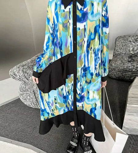Women Green Pattern Printed Irregular Big Size Shirt Dress New Lapel Long Sleeve Fashion Tide Spring Autumn 2025 1DH4829