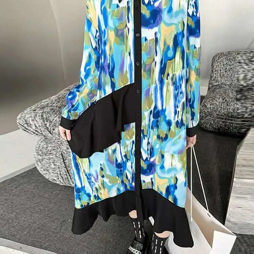 Load image into Gallery viewer, Women Green Pattern Printed Irregular Big Size Shirt Dress New Lapel Long Sleeve Fashion Tide Spring Autumn 2025 1DH4829
