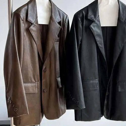 Load image into Gallery viewer, Coffee Brief Big Size Casual PU Leather Jacket New Lapel Long Sleeve Women Coat Fashion Tide Spring Autumn 2025 1DH9978
