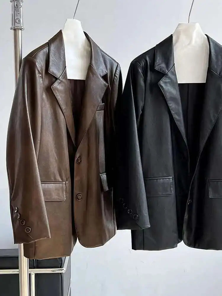 Coffee Brief Big Size Casual PU Leather Jacket New Lapel Long Sleeve Women Coat Fashion Tide Spring Autumn 2025 1DH9978