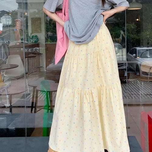 Load image into Gallery viewer, Korean 2024 Spring Summer Women Blue Embroidery Pleated Long Skirts Yellow Elastic High Waist Vacation Party Half Skirt Bohemian
